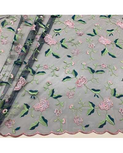 Tessuto Tulle Ricamato Blu...