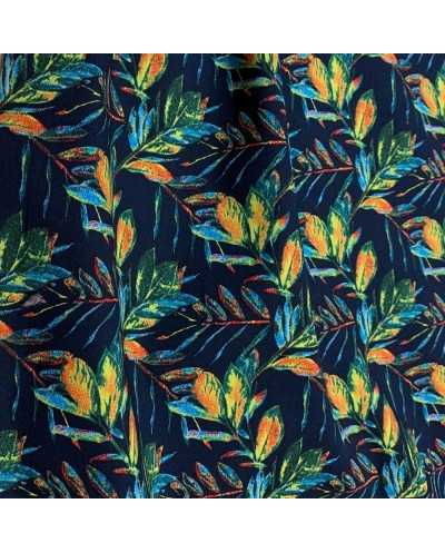 Tessuto Cotone Blu Foglie...